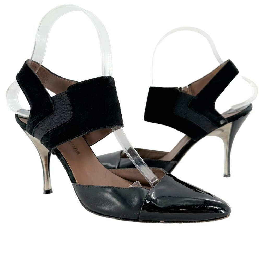 Donald Pliner BRAVA Black Patent Leather and Suede Ankle Strap Zip Heels Size 7